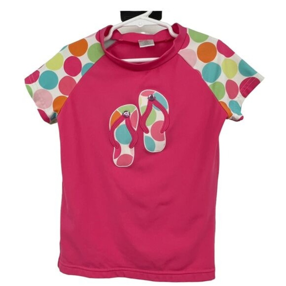 Gymboree Rash Guard Girls 9 Pink Excellent Polka‎ Dot Flip Flop Applique Shirt